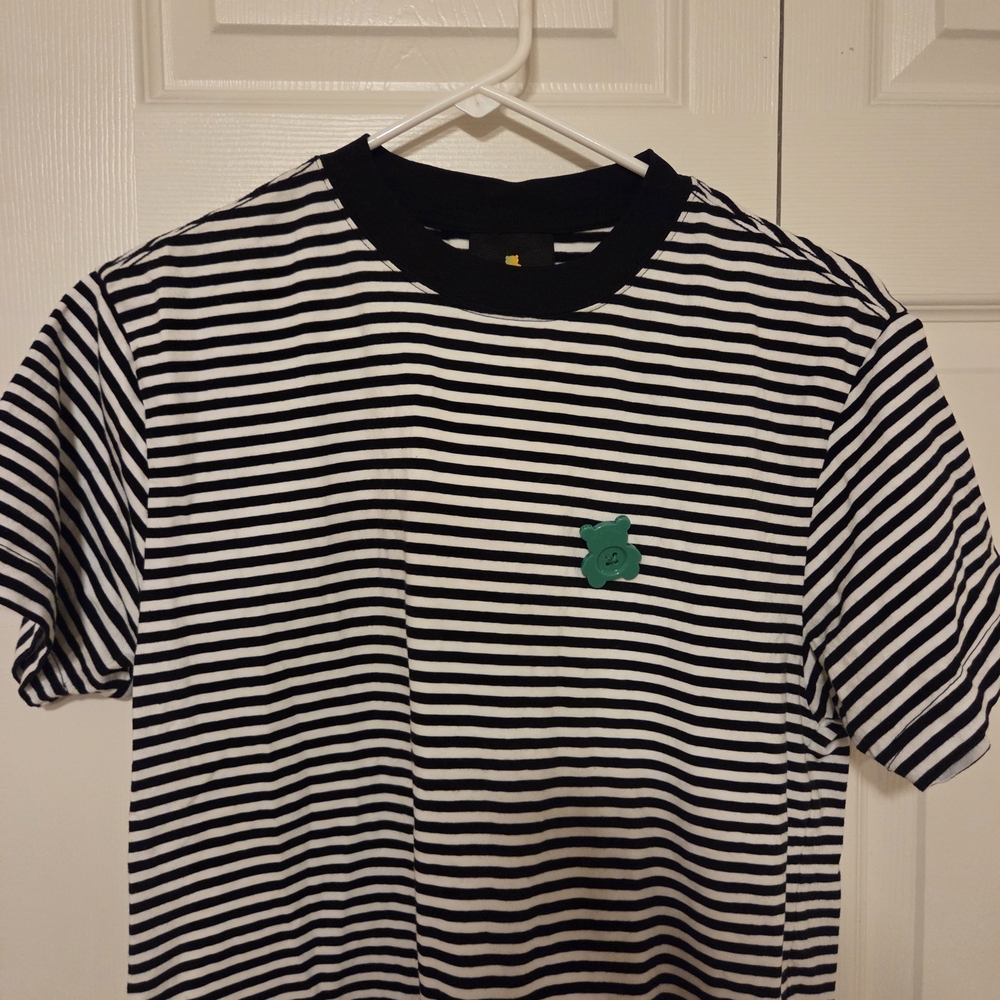 UNISEX Teddy Fresh Monochrome Striped Tee With Green Bear Button Detail